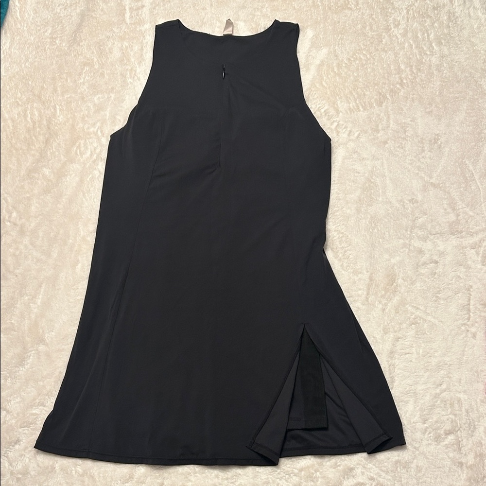 Zella Black Sleeveless Dress with Side Slit, built-in shorts